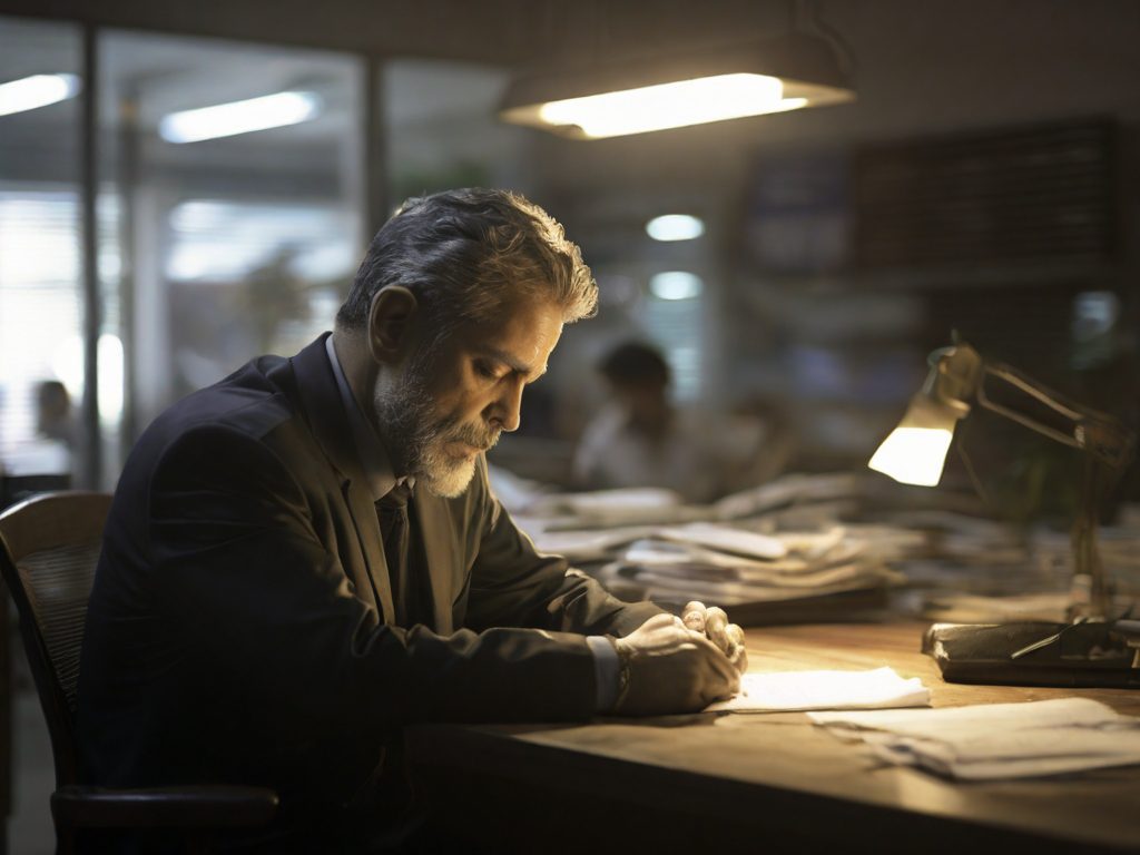 Empresário sentado à mesa, refletindo, escritório ao fundo
